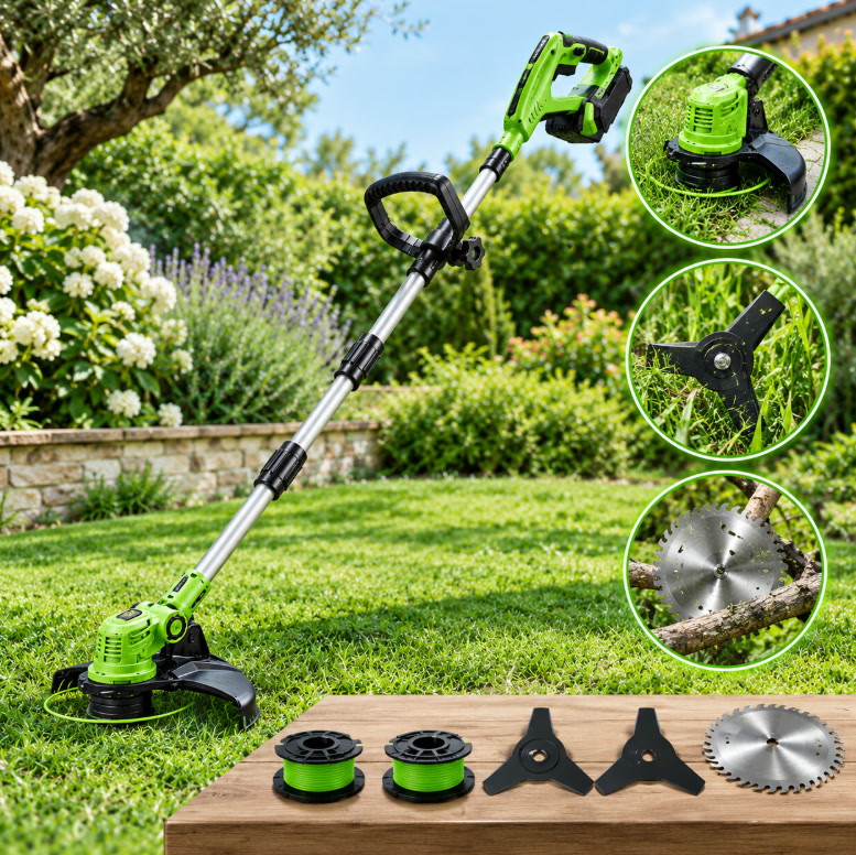 Trimmer cu cap cu fir, cuțit cu trei brațe și disc dințat, cu 2 bobine, 2 cuțite și 1 disc incluse